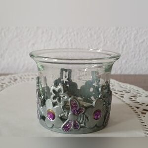 Butterfly Glass Candle Holder with Silver and Purple Gem Accents